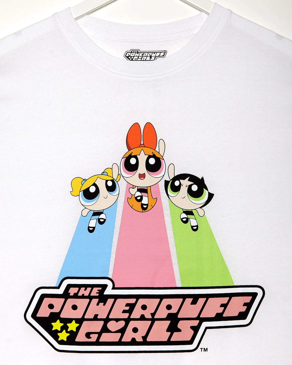 Official Power Puff Girls flying trio, low cut cropped tee on white