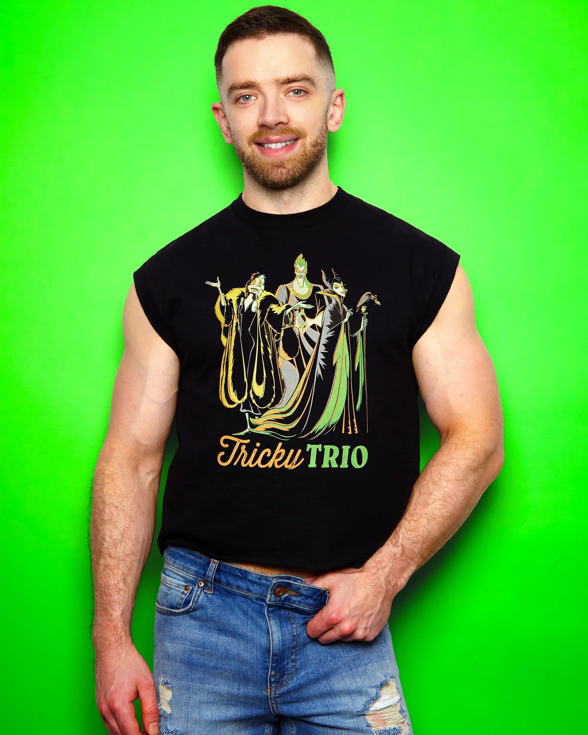 DISNEY VILLAINS: Cruella de ville, Hades and maleficent the Tricky Trio on black - cropped t-shirt