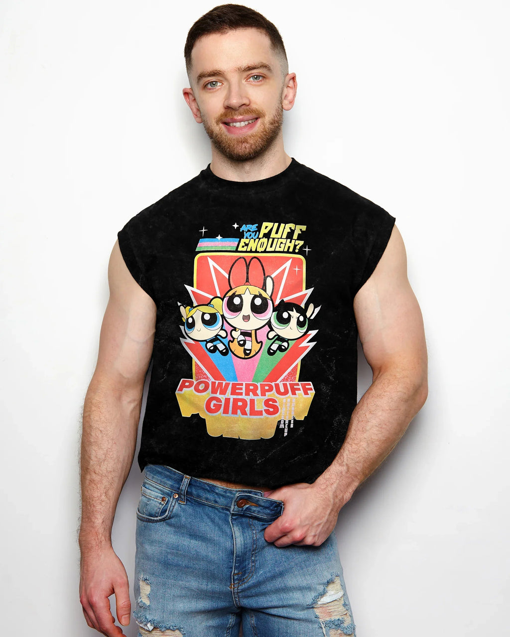 Official Powerpuff Girls, sleeveless low cut crop top - distressed black
