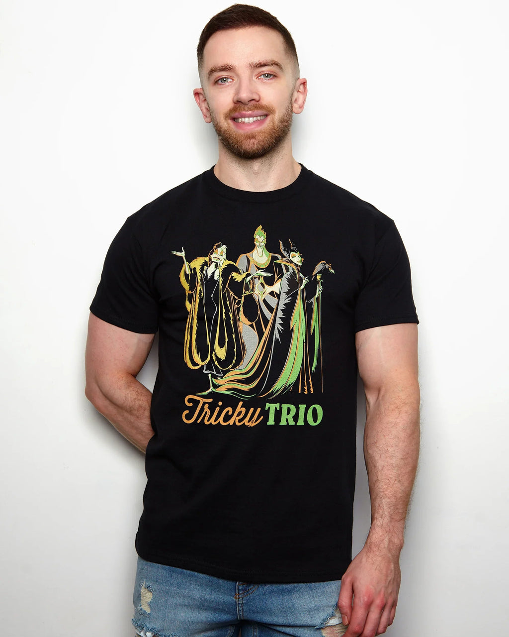 DISNEY VILLAINS: Cruella de ville, Hades and maleficent the Tricky Trio on black - tshirt