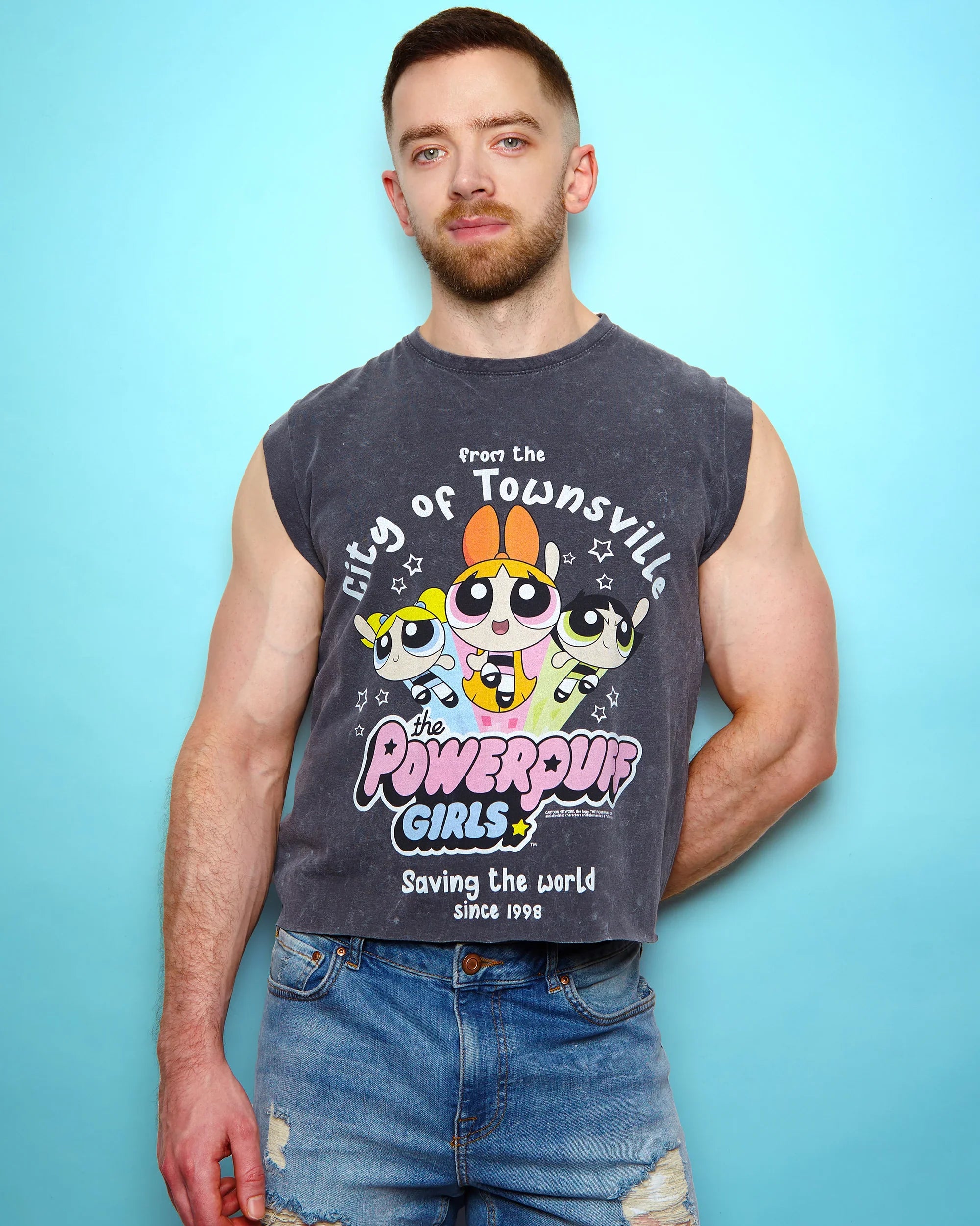 Official Powerpuff Girls, sleeveless low cut crop top - distressed grey