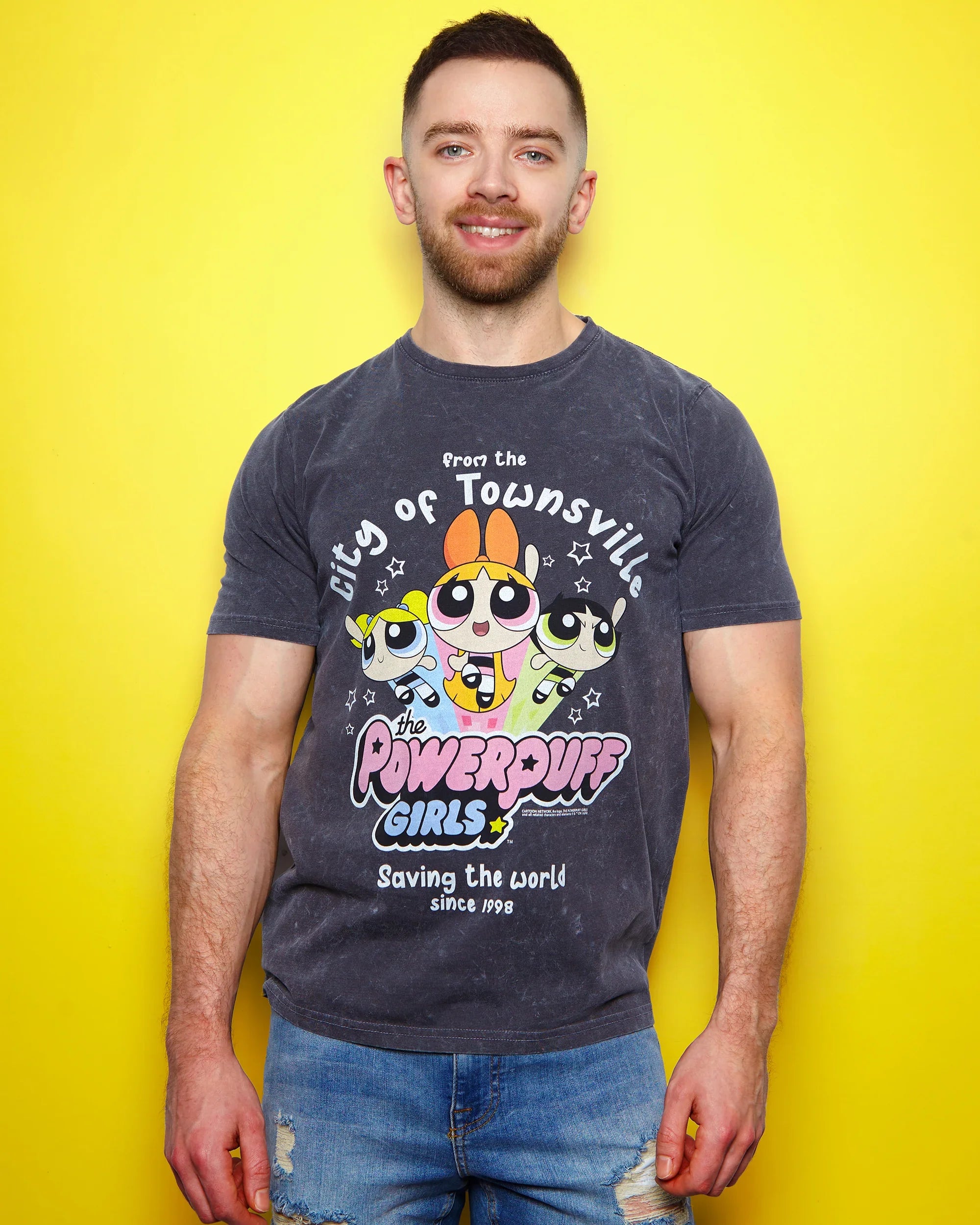 Official Powerpuff Girls on distressed look grey - tshirt