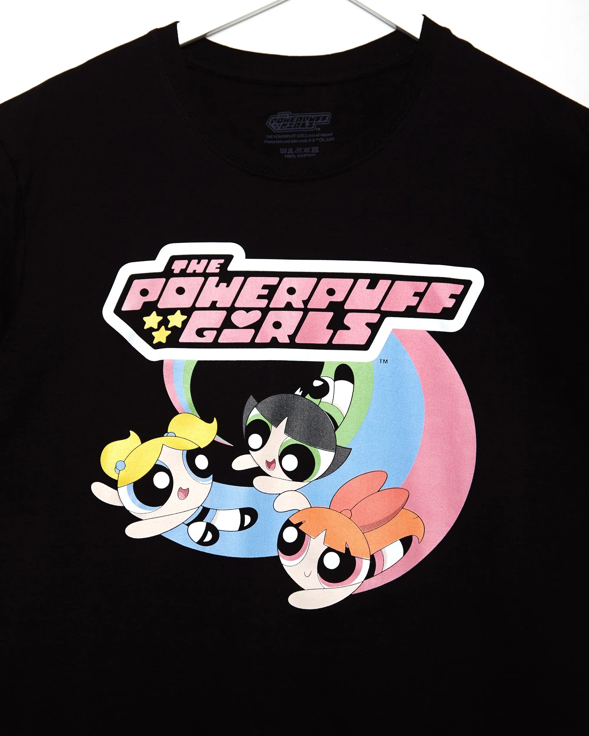 Official Powerpuff Girls on black - low cut cropped t-shirt