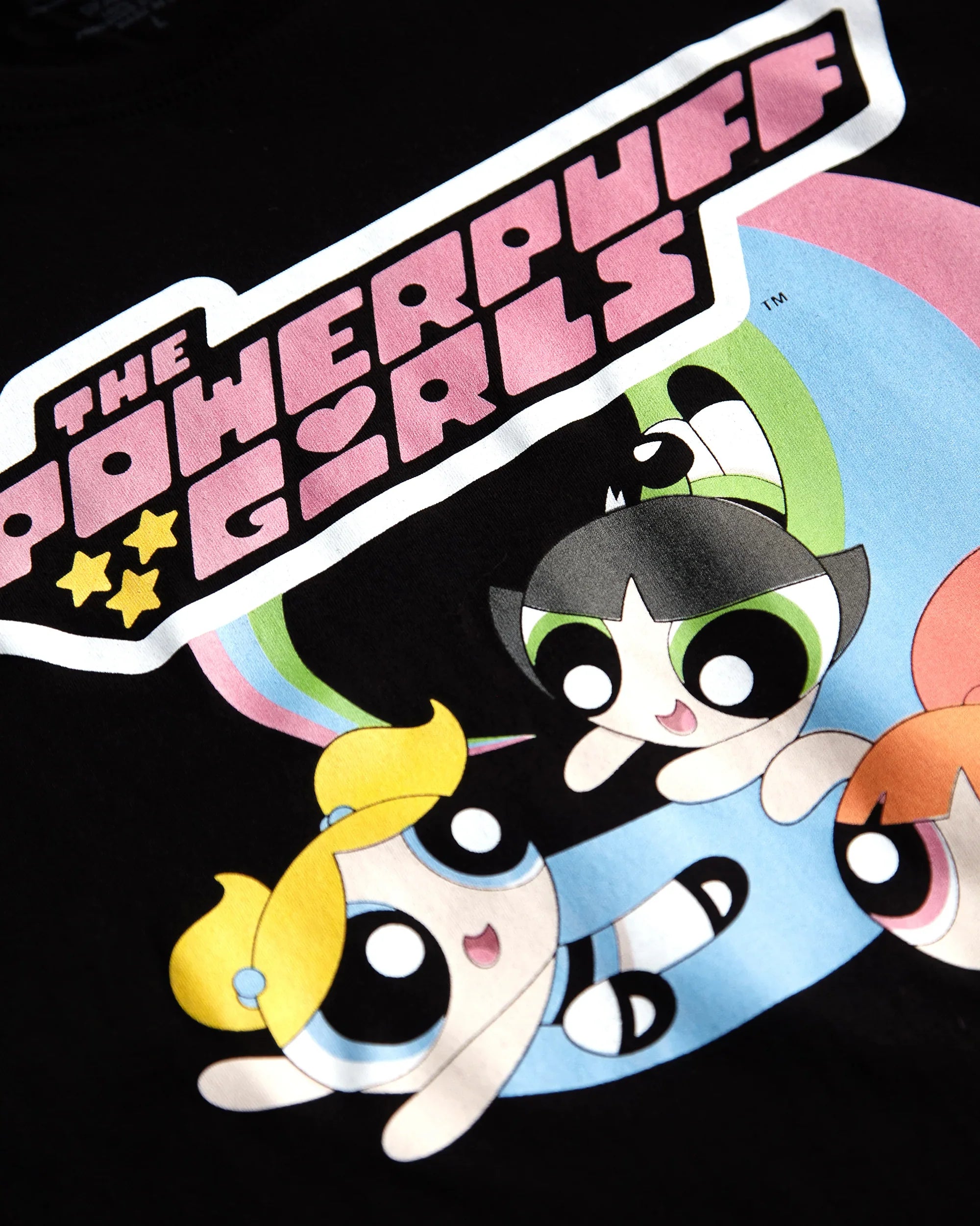 Official Powerpuff Girls on black - low cut cropped t-shirt