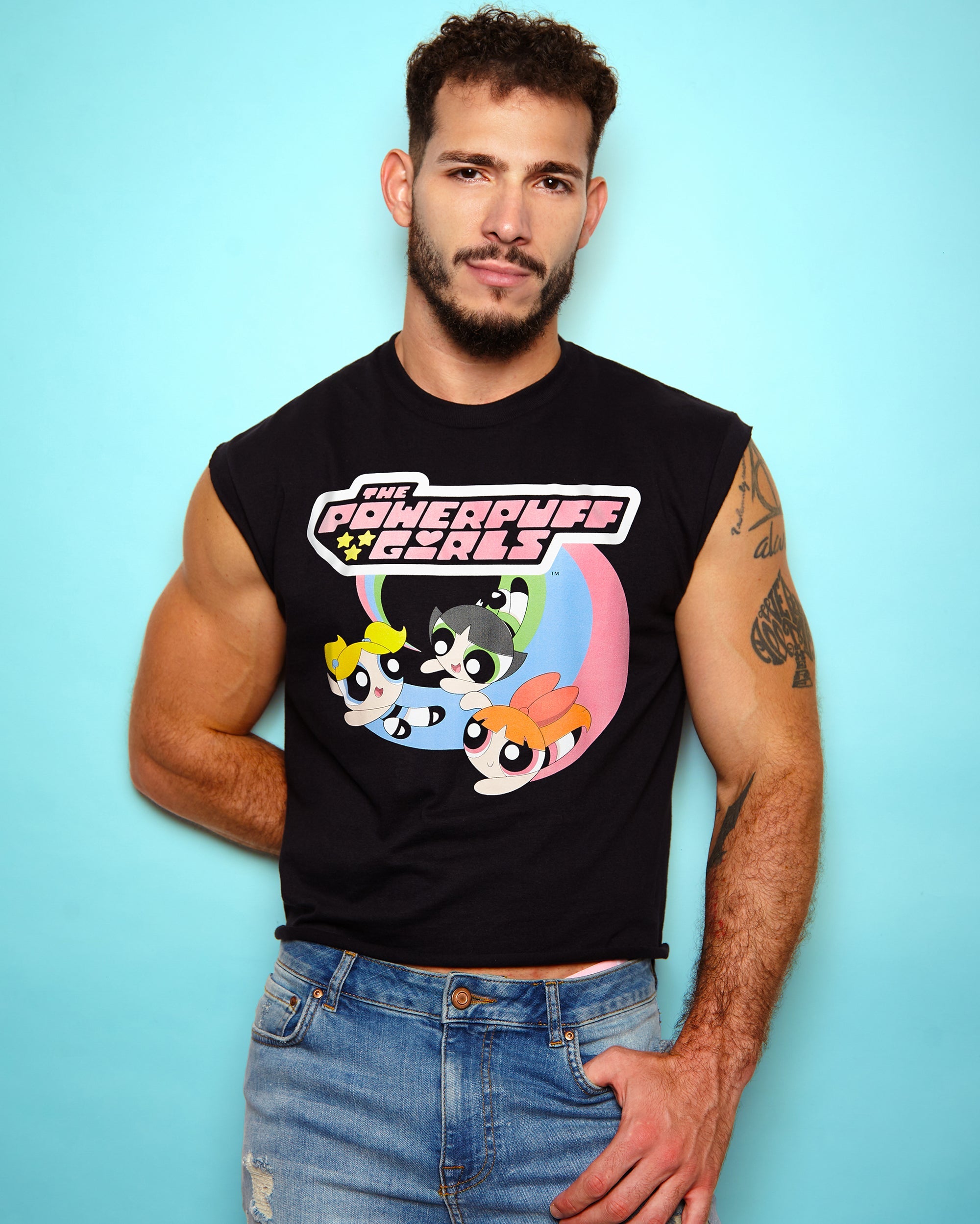 Official Powerpuff Girls on black - low cut cropped t-shirt