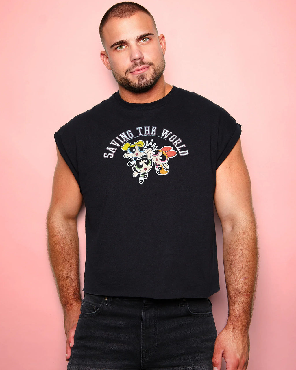 Official Powerpuff Girls Saving The World, sleeveless low cut crop top - Unisex tee