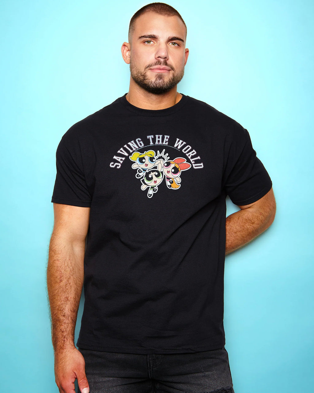 Official Powerpuff Girls Saving The World on black - tshirt